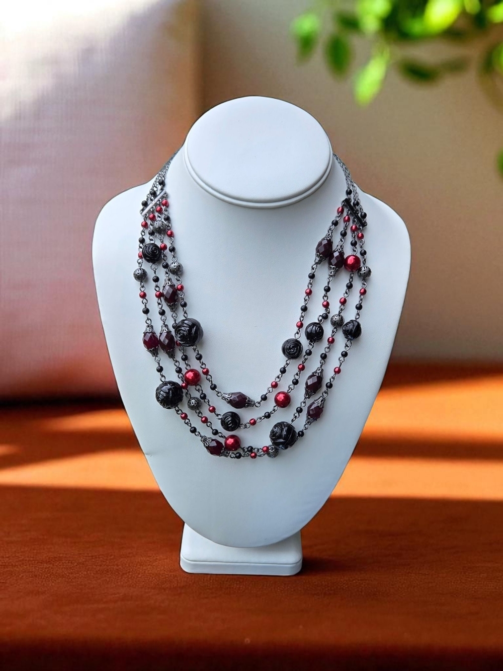 Avon Multi-Strand Black and Red Beaded Necklace